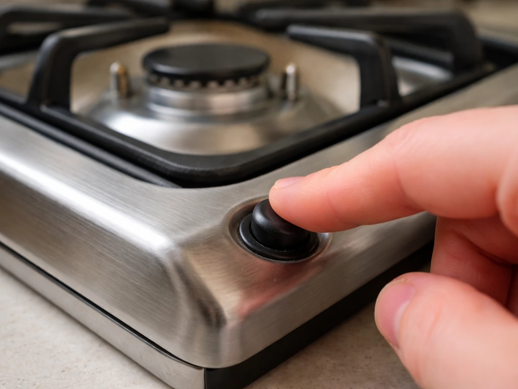 Hand pressing a gas stove igniter button; burner area shows no visible spark or flame.