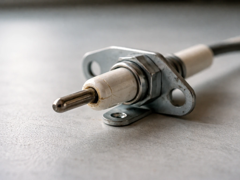 Close-up of an igniter electrode’s ceramic tip and nearby wiring, showing inspection-ready details for cracks