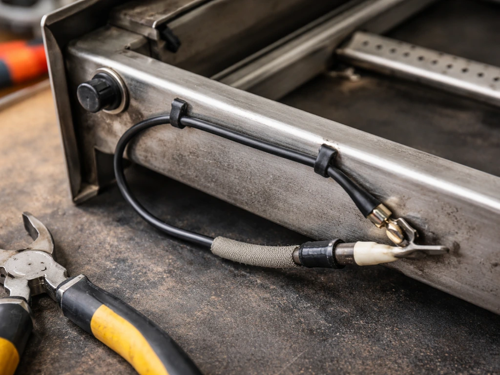 Close-up of an igniter button wire routed to an electrode with a visible loose connection at a junction.