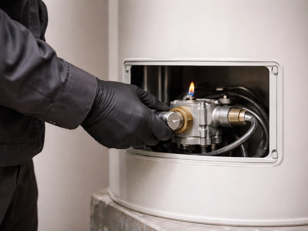Technician’s gloved hands near a gas burner with the tank valve being opened slowly, sparking ready