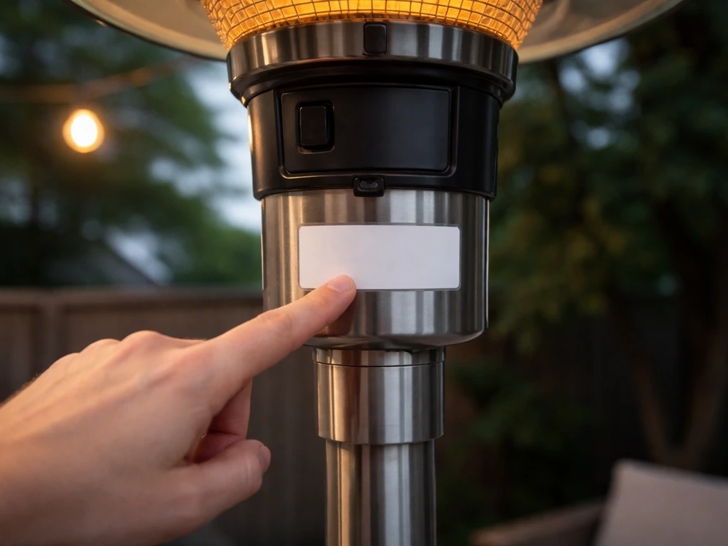 Close view of an electric patio heater with a hand indicating the label area for finding the right model.