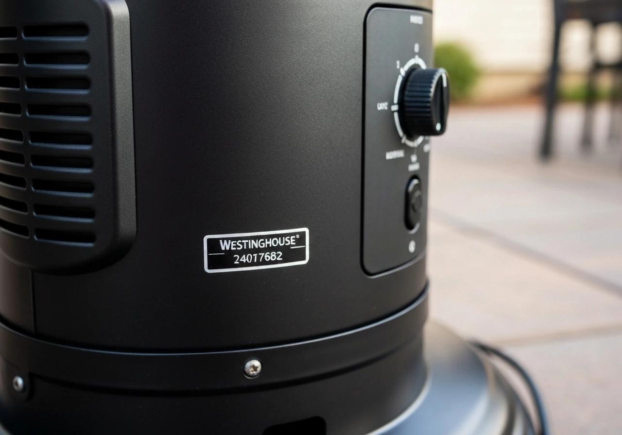 Close-up of an electric patio heater base with a visible model number sticker near the controls area.