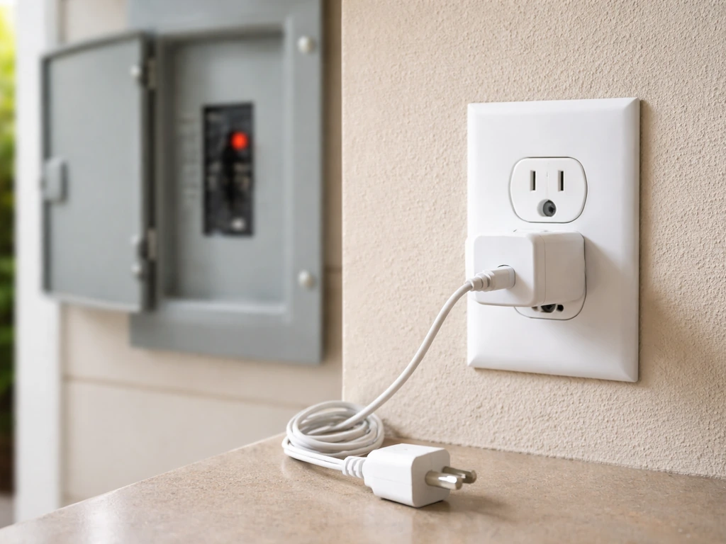 A working appliance plugged into an outlet with a nearby breaker panel showing a tripped breaker.