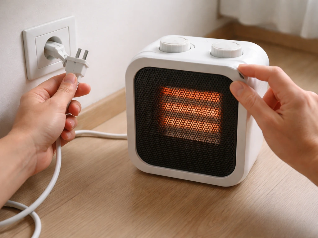 Unplugged space heater cooling while a hand checks its heat controls before restarting.