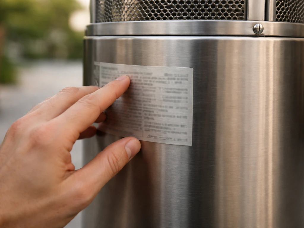 A hand checks a patio heater’s rating label area on the unit outdoors in natural light.