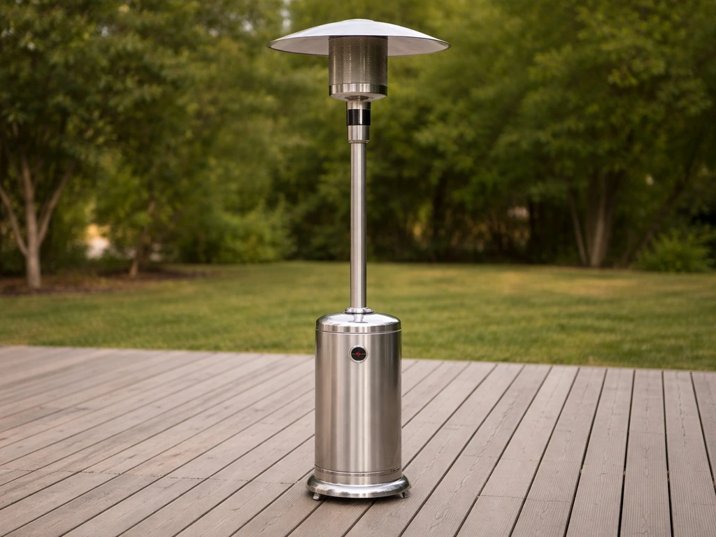 A patio mushroom heater on an open wooden deck with deck boards clearly visible and safe ground clearance.