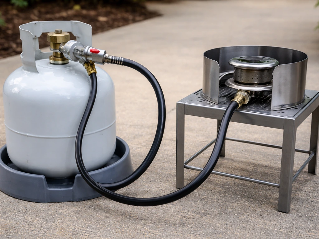 Close-up of a propane cylinder, regulator, and hose routed to a heater burner with safe clearance.
