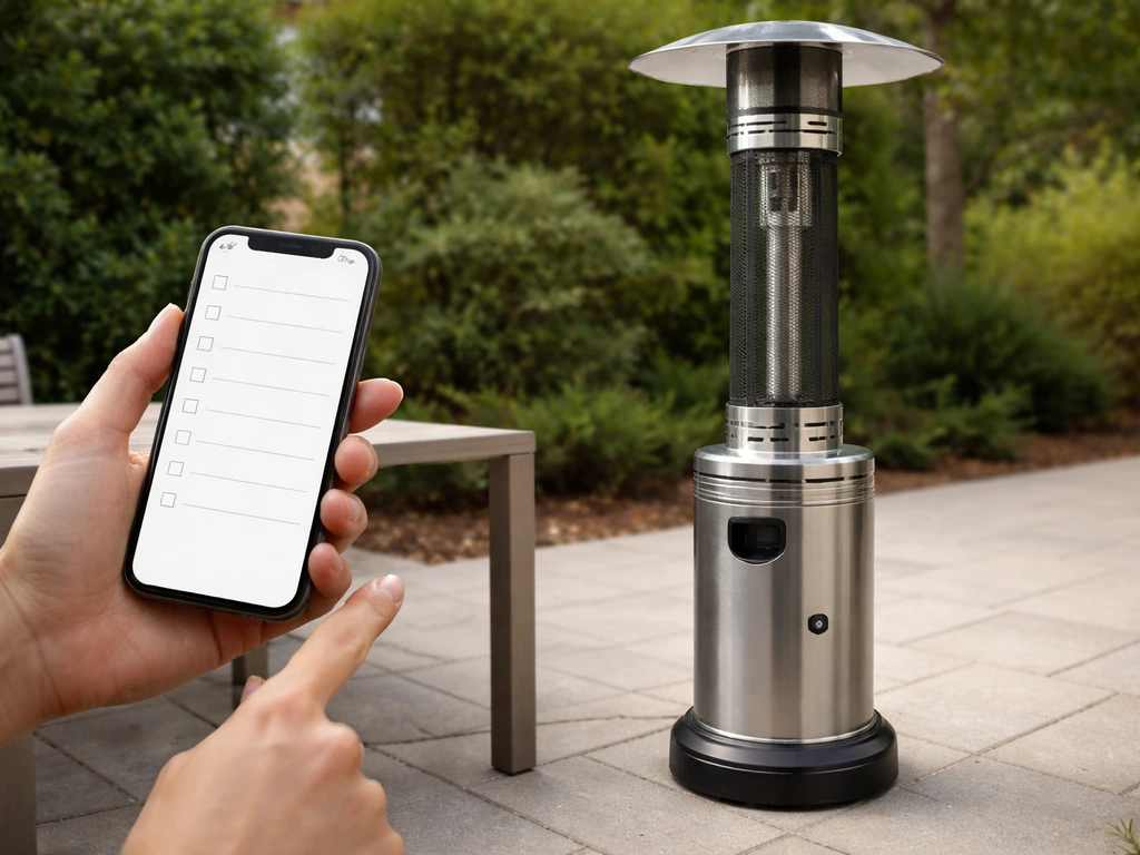 Hands holding a phone checklist beside a patio heater on a level outdoor surface with clear surrounding space.