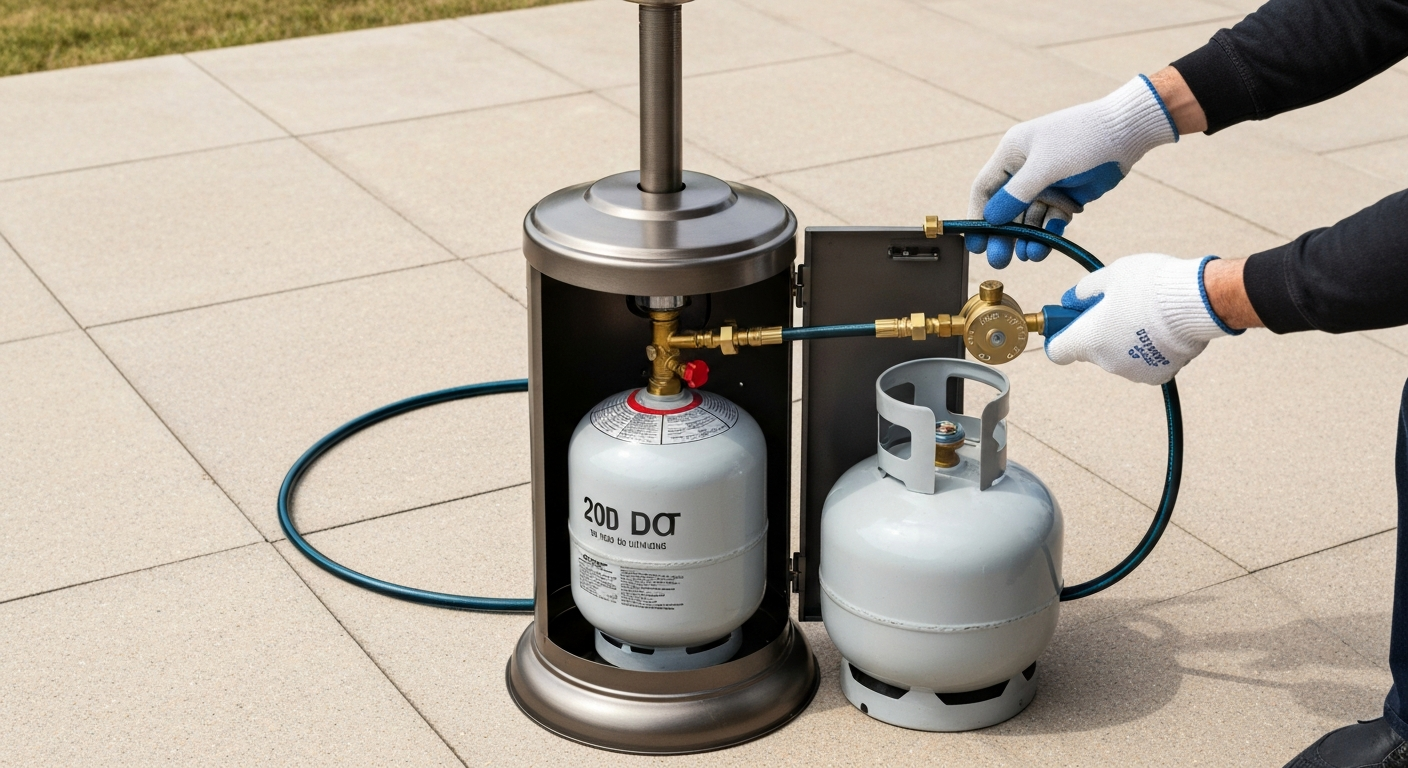 Outdoor freestanding patio heater with base open showing a 20-lb propane cylinder; a regulator's QCC1 nut is being hand-threaded onto the cylinder valve and the hose routes to the heater inlet.