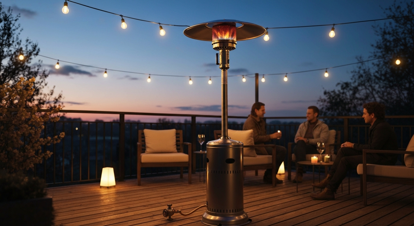Evening patio with a glowing freestanding mushroom patio heater on a deck, silhouettes of people nearby, warm light illuminating seating area.