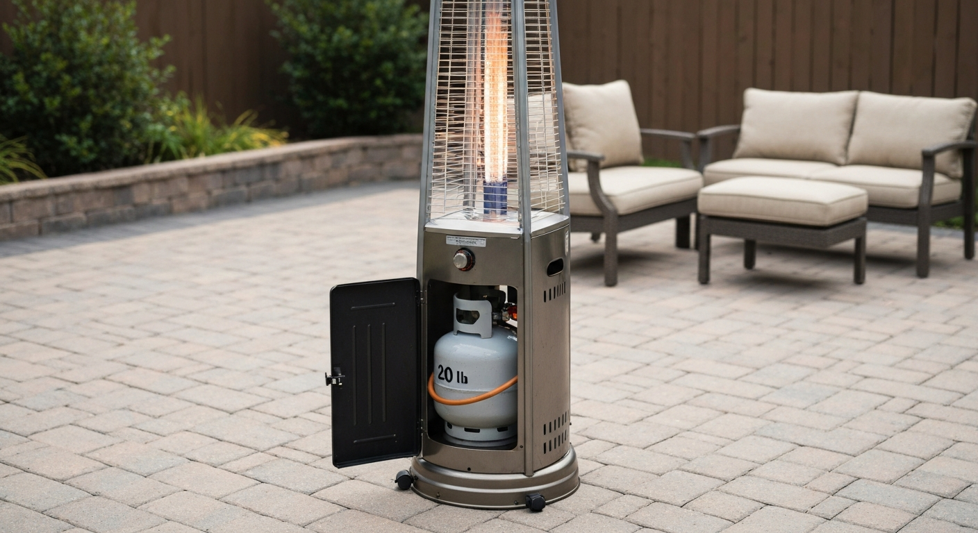 Assembled freestanding propane tower patio heater on a patio, showing base compartment with propane tank, routed gas hose up the pole, quartz flame tube, and top reflector.