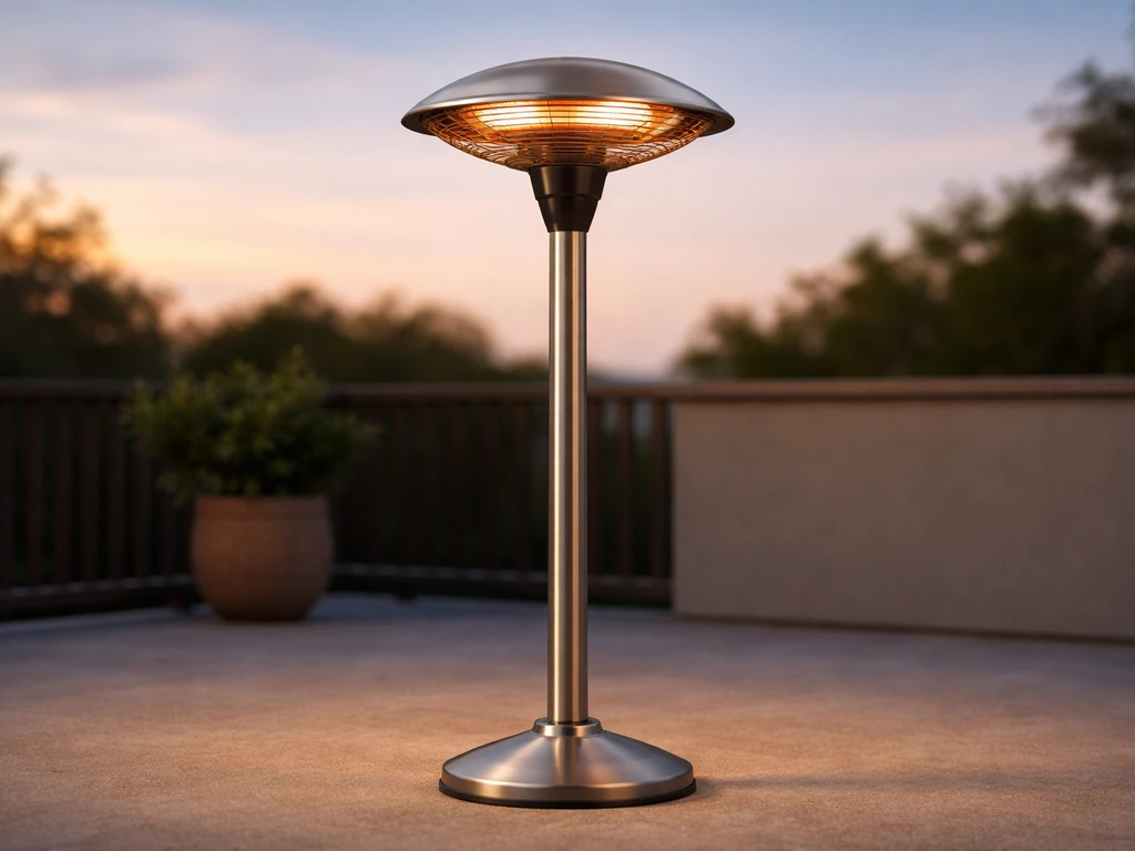 Westinghouse 1500W freestanding electric patio heater standing on an outdoor patio at dusk.