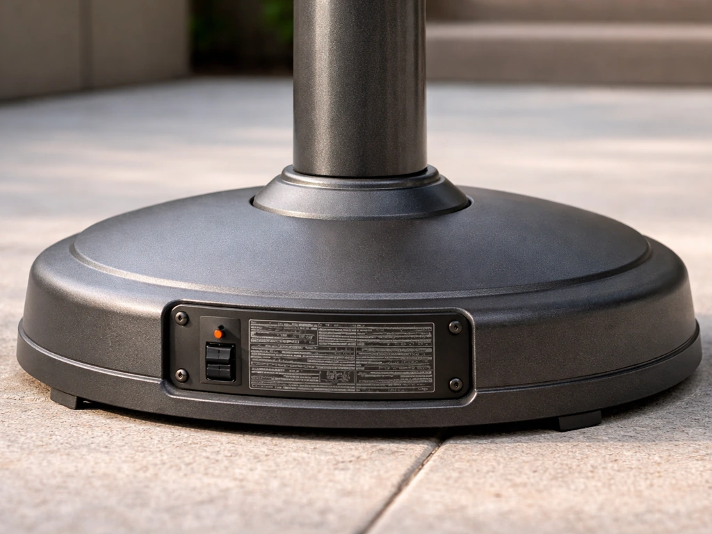 Close-up of a freestanding 1500W electric patio heater base showing the model identification area