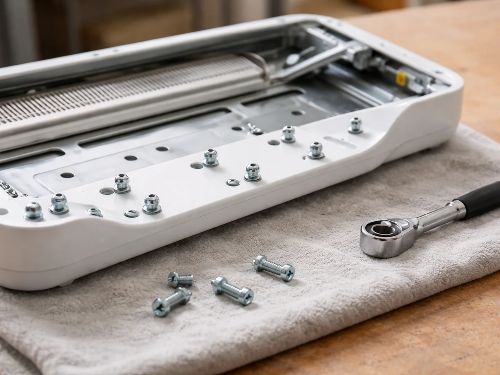 Upside-down heater assembly on a cloth with base cover removed and M6 screws ready to install, no power connected.