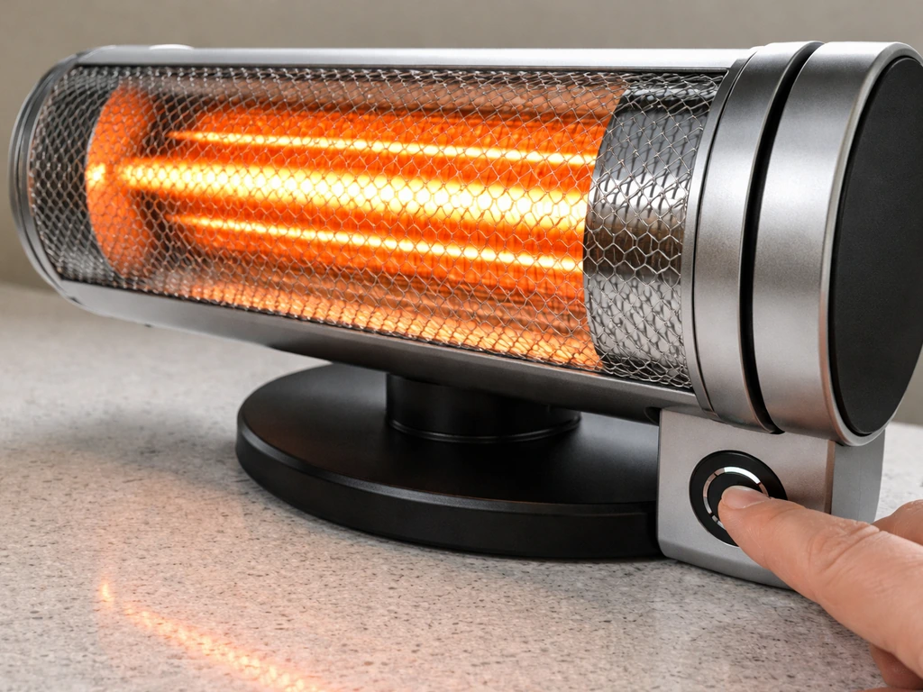 Hand pressing an infrared heater’s on/off button as the heating element glows orange-red.