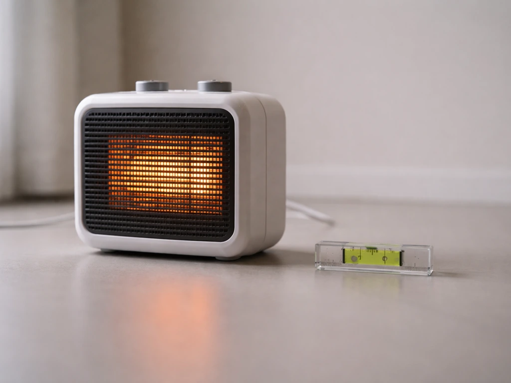 Portable space heater on a perfectly level surface with a small bubble level indicating stability.