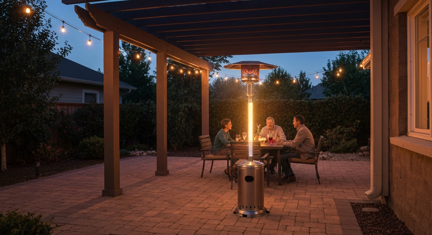 Evening patio with a lit freestanding propane patio heater warming three people at a table.