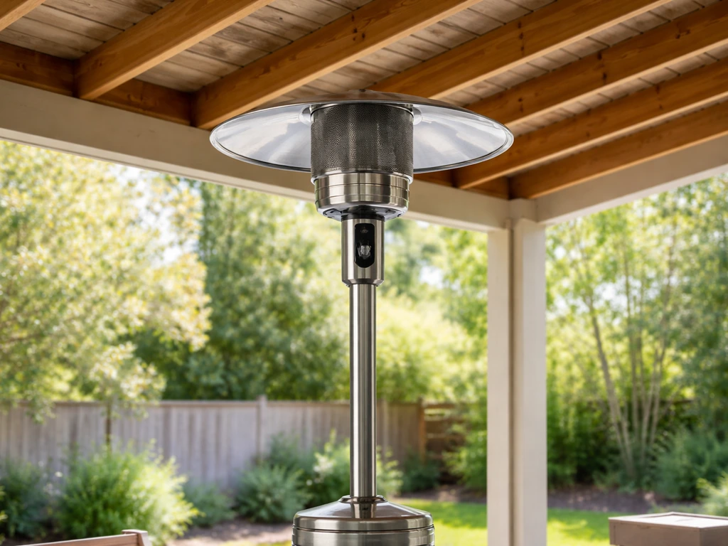 Propane patio heater under a covered roof with visible overhead clearance and open airflow gaps.