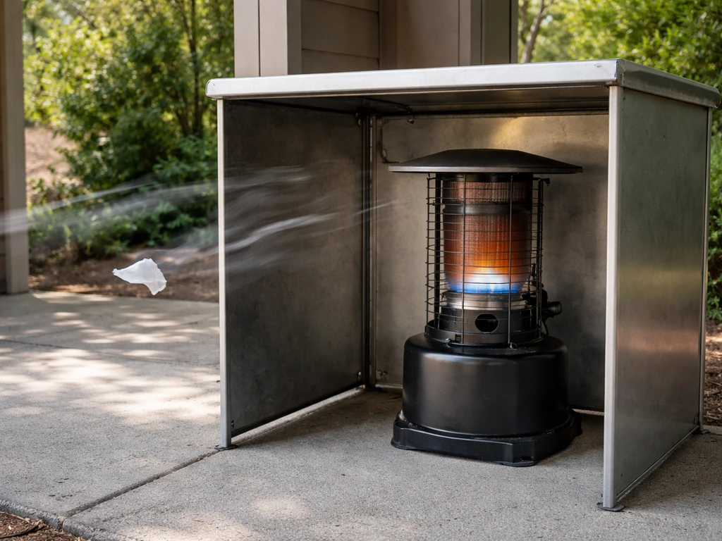 Outdoor propane heater under a cover with open sides and visible cross-breeze airflow cues.