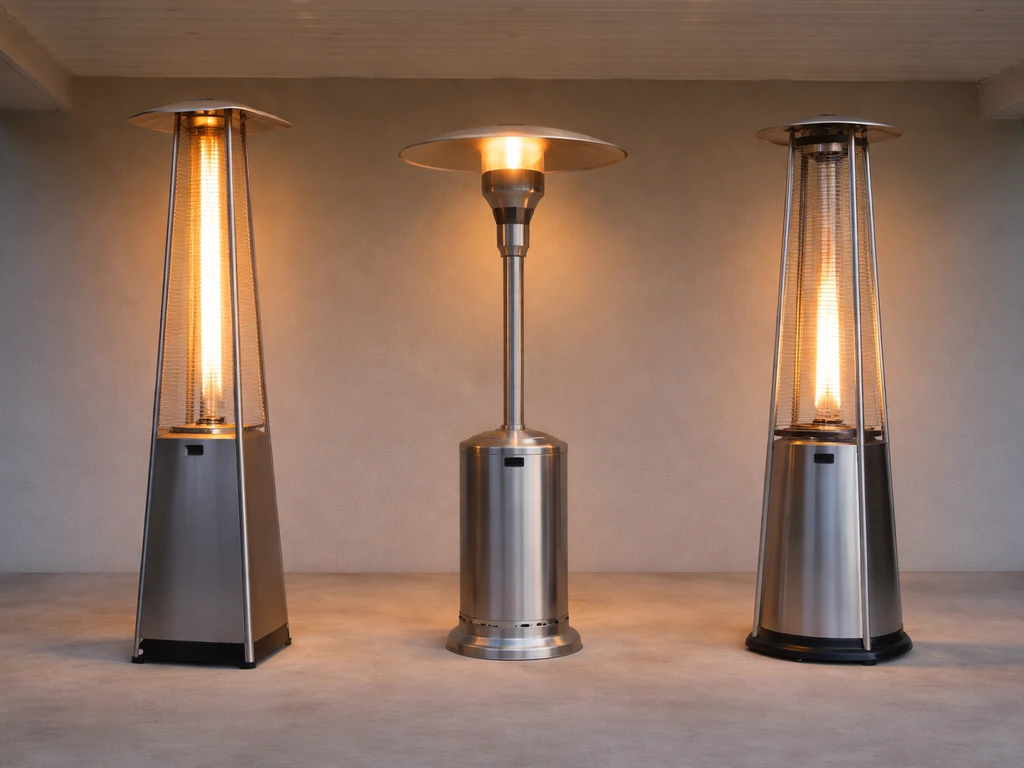Three common propane patio heater styles side-by-side under a covered patio, showing different heat directions and clear