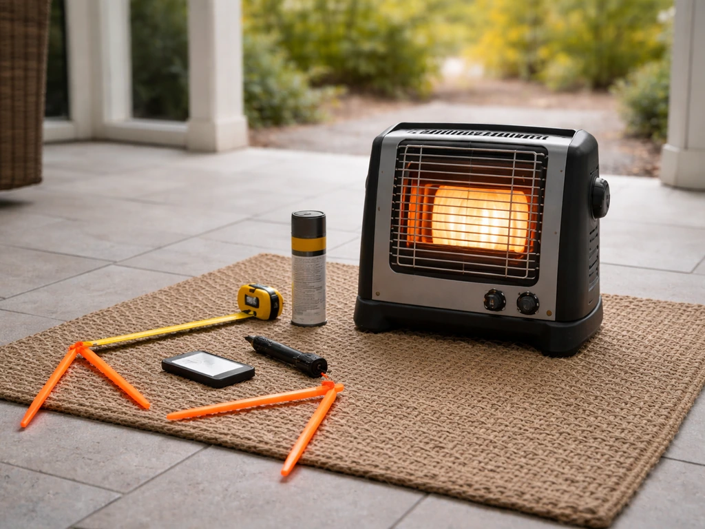 Minimal patio safety setup: propane heater beside a clearance tape, detector, and open-sides markers.