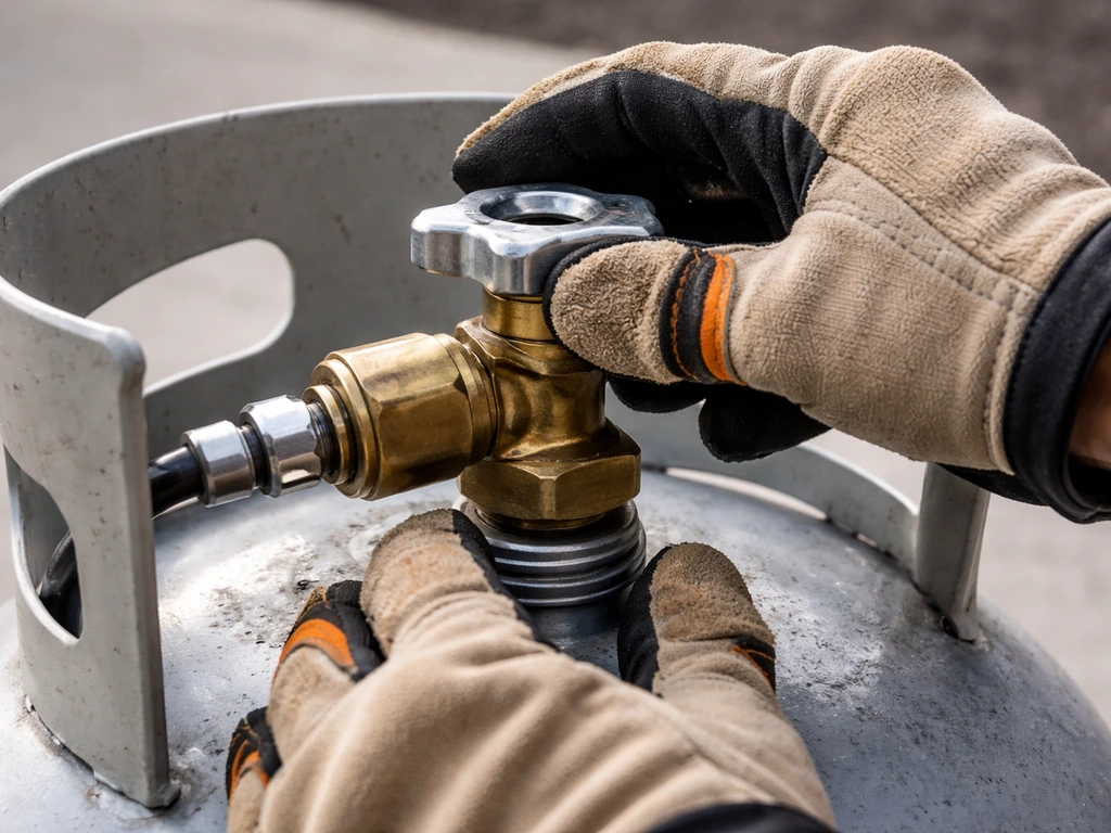 Close-up of a propane cylinder valve fully closed, with gloved hands tightening the clockwise turn.