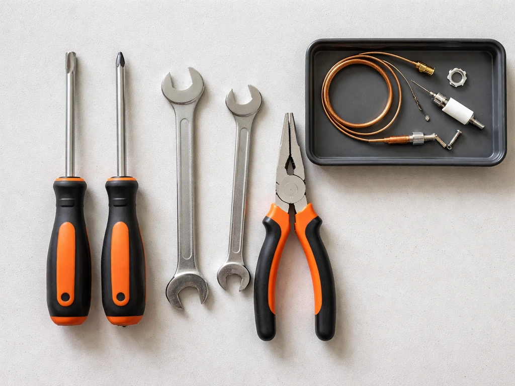 Flat-lay of screwdrivers, wrenches, needle-nose pliers, and small spare parts on a workbench
