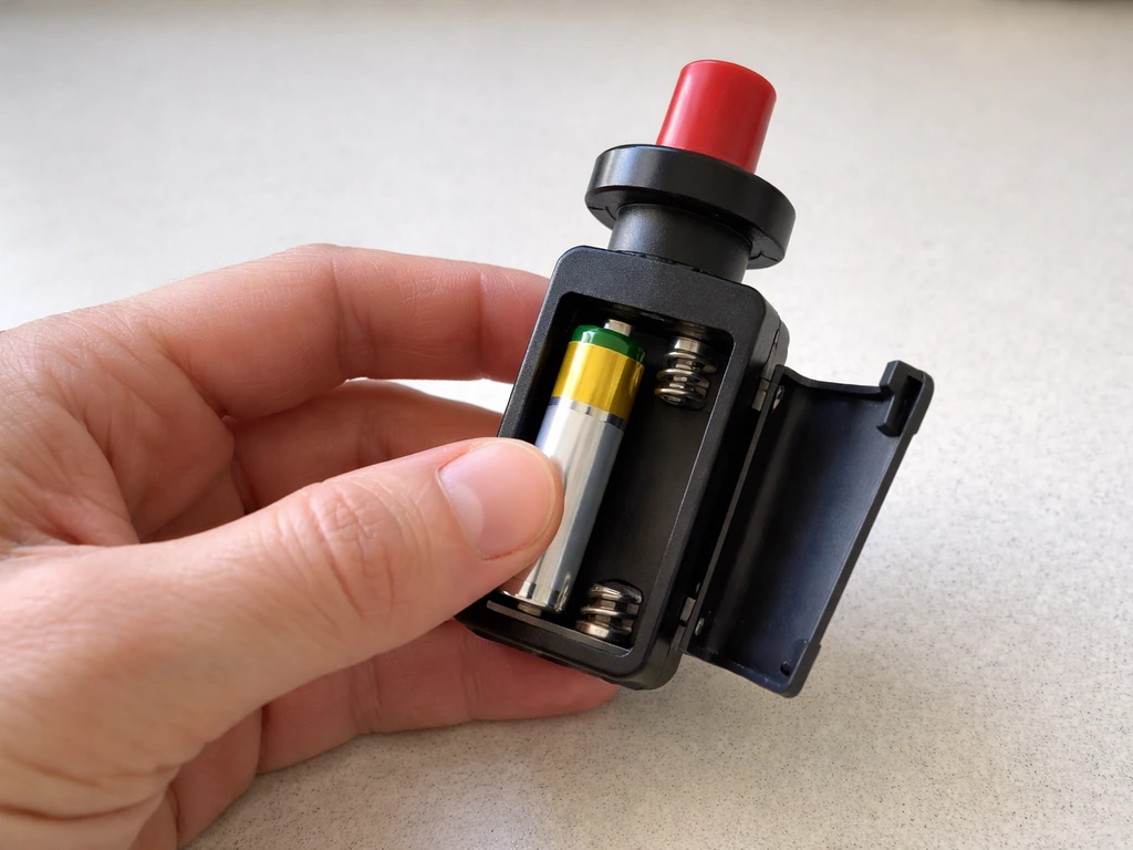 Close-up of an igniter battery compartment open, with a new battery being installed on contacts.
