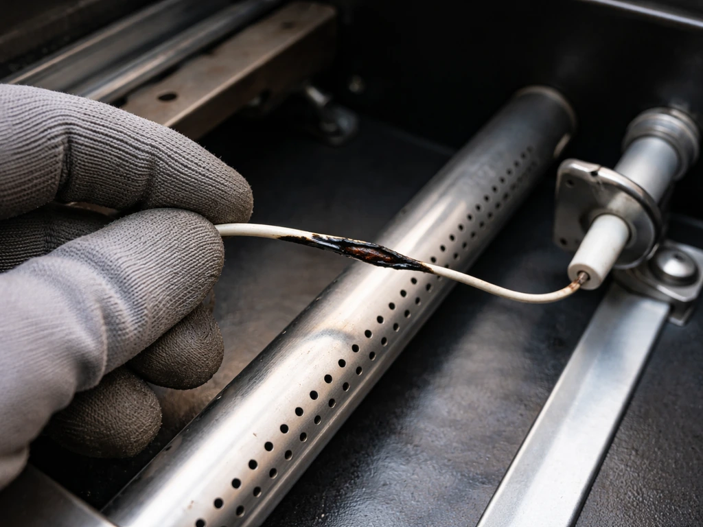 Close-up of igniter wire with charred insulation and exposed bare spot near the electrode/pilot area.