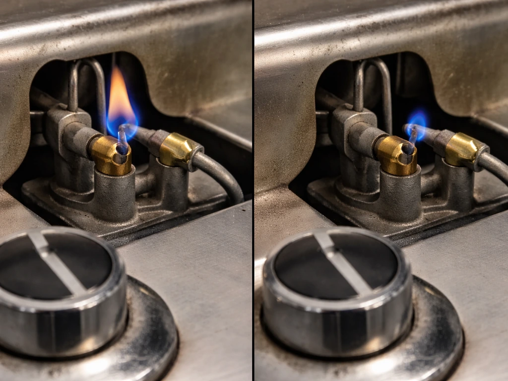 Close-up showing thermocouple tip correctly in the pilot flame vs incorrectly beside it.