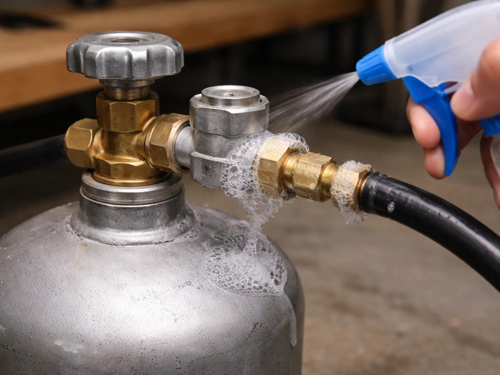 Technician sprays soapy water foam around a cylinder regulator and hose connections to check for leaks.