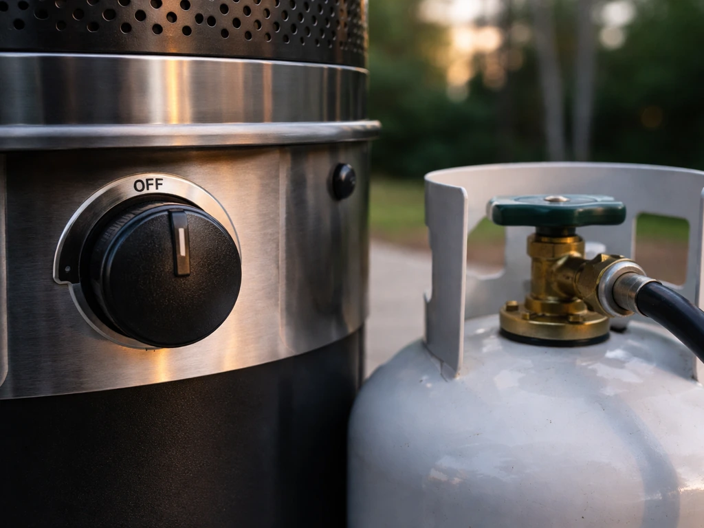 Close-up of a patio heater control knob set to OFF and the propane tank valve fully closed.