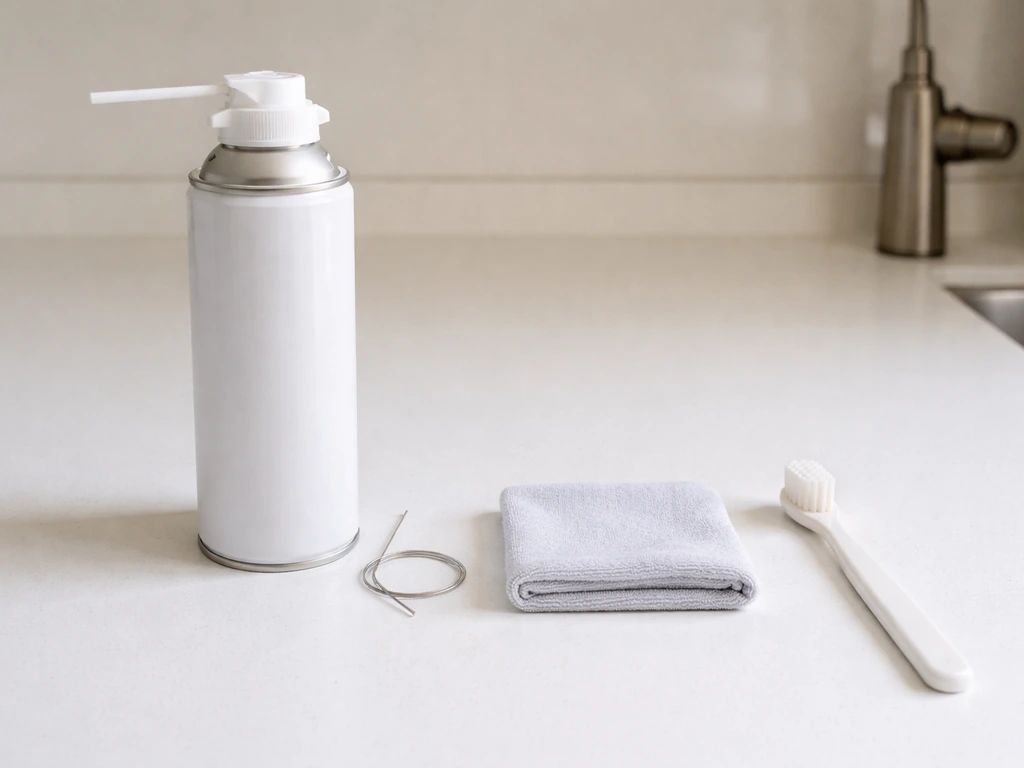 Tools laid out for cleaning: compressed air can, thin needle wire, damp cloth, and toothbrush.