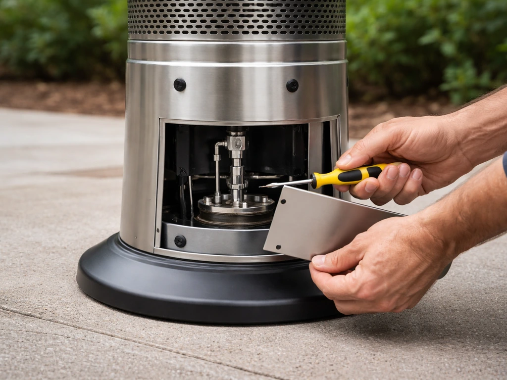 Technician’s hands removing screws from a mushroom heater’s lower burner housing to access the pilot assembly