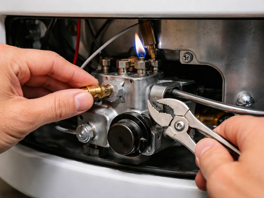 Technician hands reconnect pilot tube while a steady blue pilot flame burns near the thermocouple.