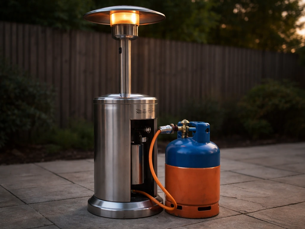 Outdoor patio heater connected to an LPG cylinder via a visible regulator and hose, no people.