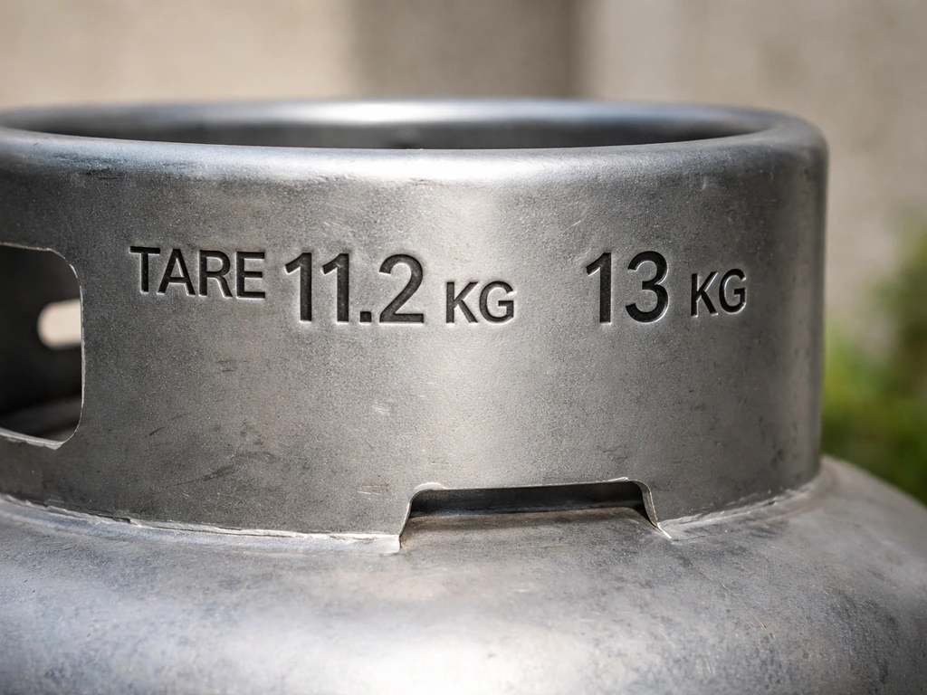 Close-up of a gas cylinder collar showing stamped tare weight and a small mark indicating net LPG weight.