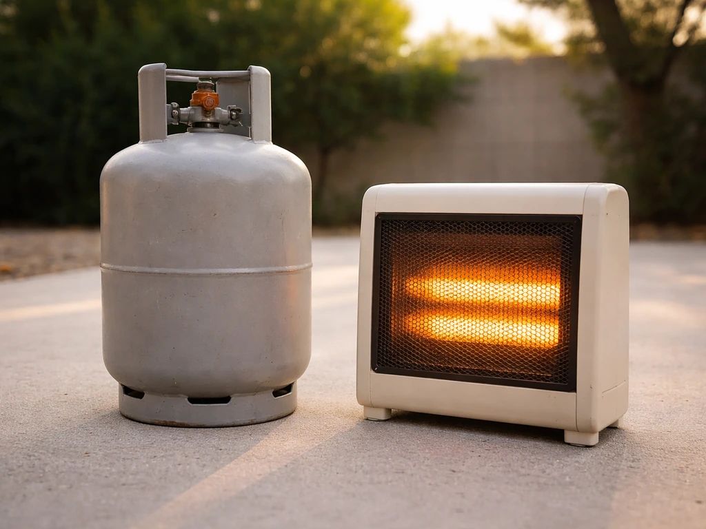 LPG cylinder next to a portable heater in daylight, symbolizing fuel consumption and estimated burn time.