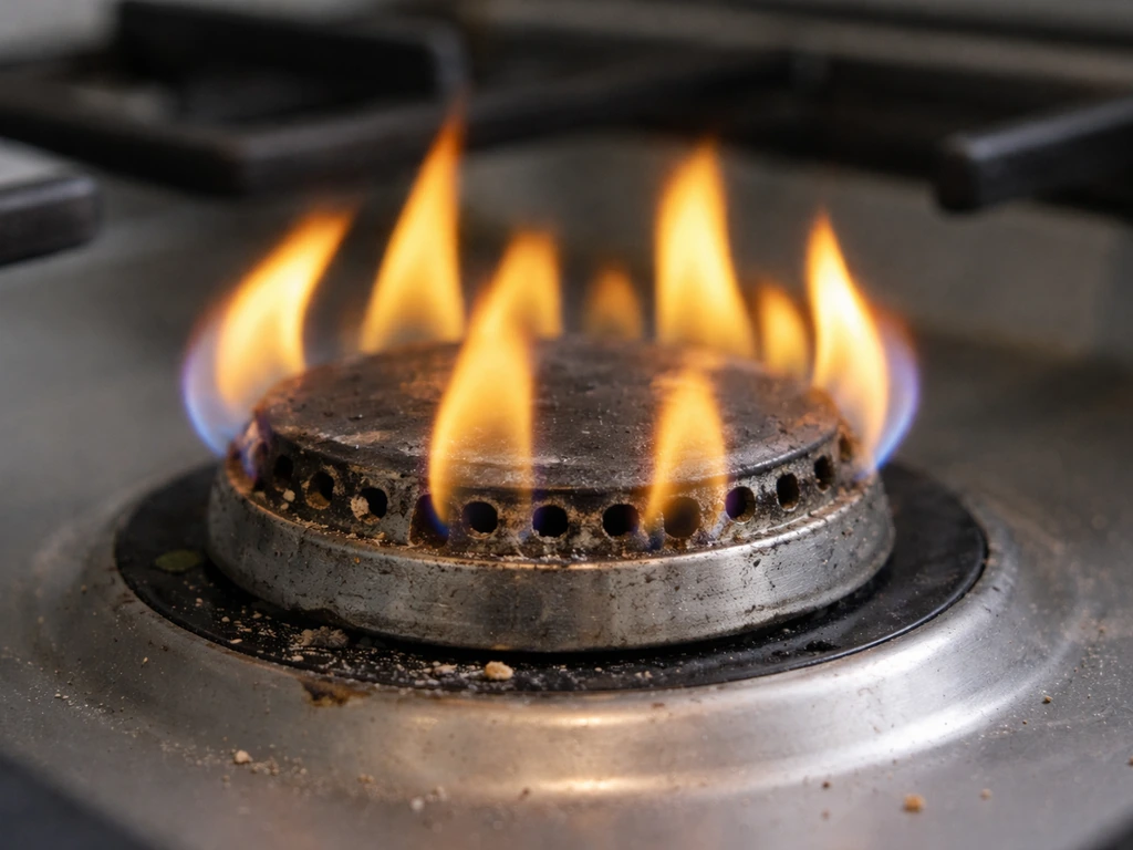 Close-up of a gas stove burner with blocked jets causing an uneven yellow, inefficient flame.