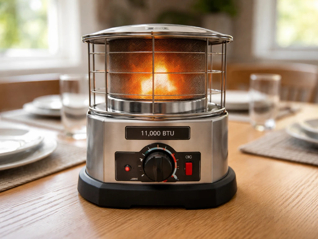 Close-up of a tabletop propane heater on a dining table with blurred place settings behind it.