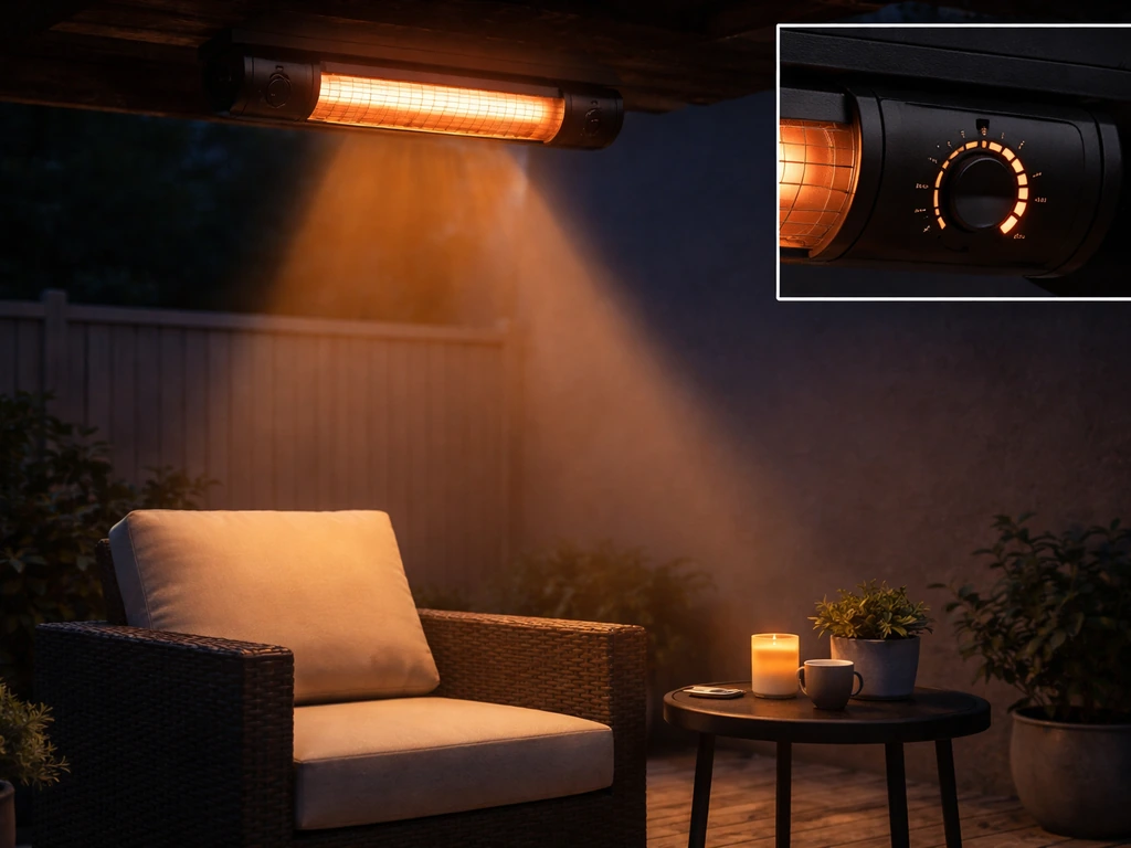 Overhead electric infrared heater projecting a warm cone over an outdoor chair on a quiet patio at dusk.