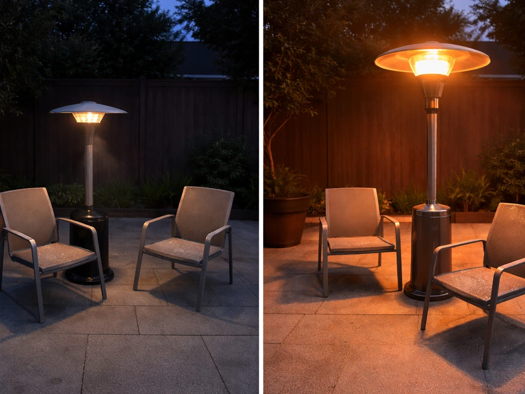 Two side-by-side patio heater setups showing weak warmth on one side and overly intense heat on the other.