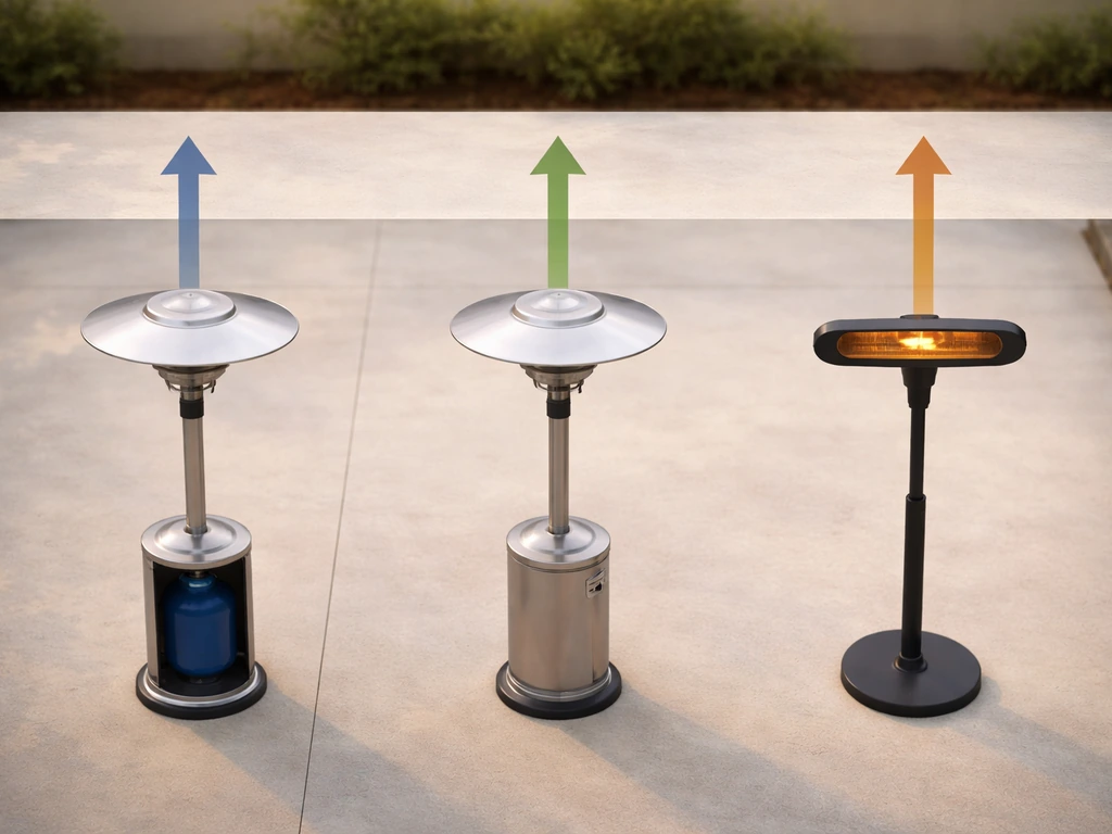 Minimal patio setup with overhead clearance arrows showing propane, gas, and electric heater spacing
