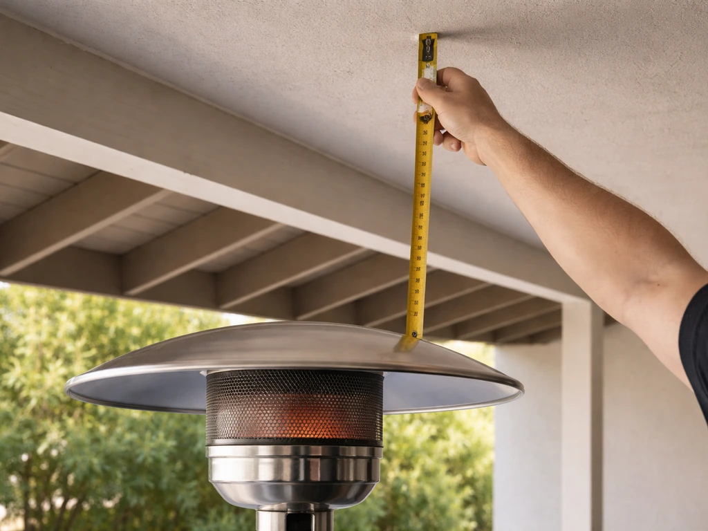Hand holding a tape measure measuring clearance from a patio heater’s top to a flat ceiling.