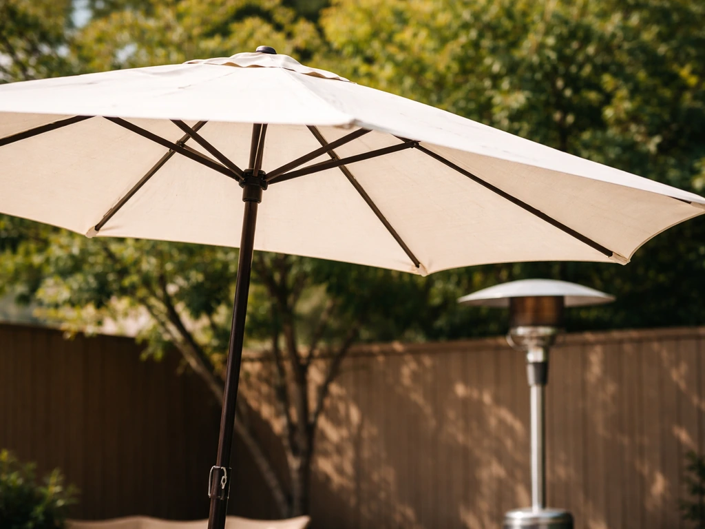 Open tilted patio umbrella with a visible air gap near an outdoor heater to show clearance.