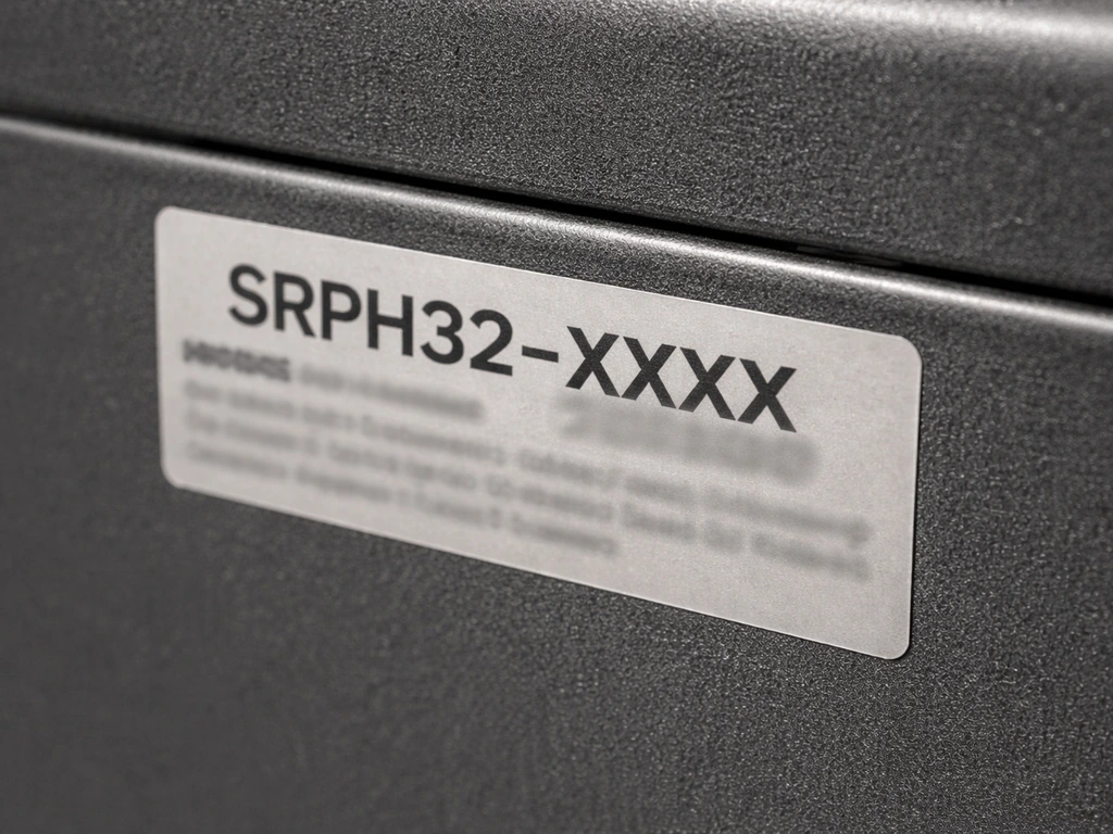 Close-up of a Mosaic heater’s label showing the SRPH32-XXXX model format.