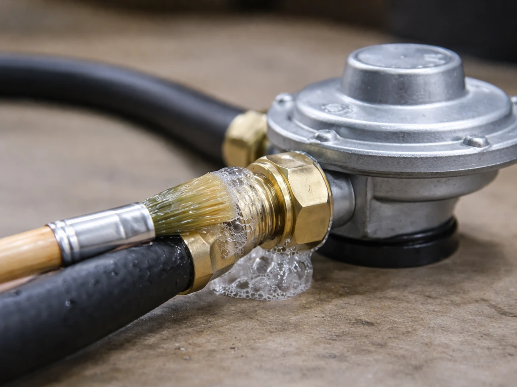Close-up of a gas hose connection with soap mixture and bubbles from a leak test.