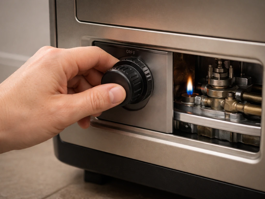 Close-up of a gas heater control knob being turned to ignition with a safe, contained flame near burner area.