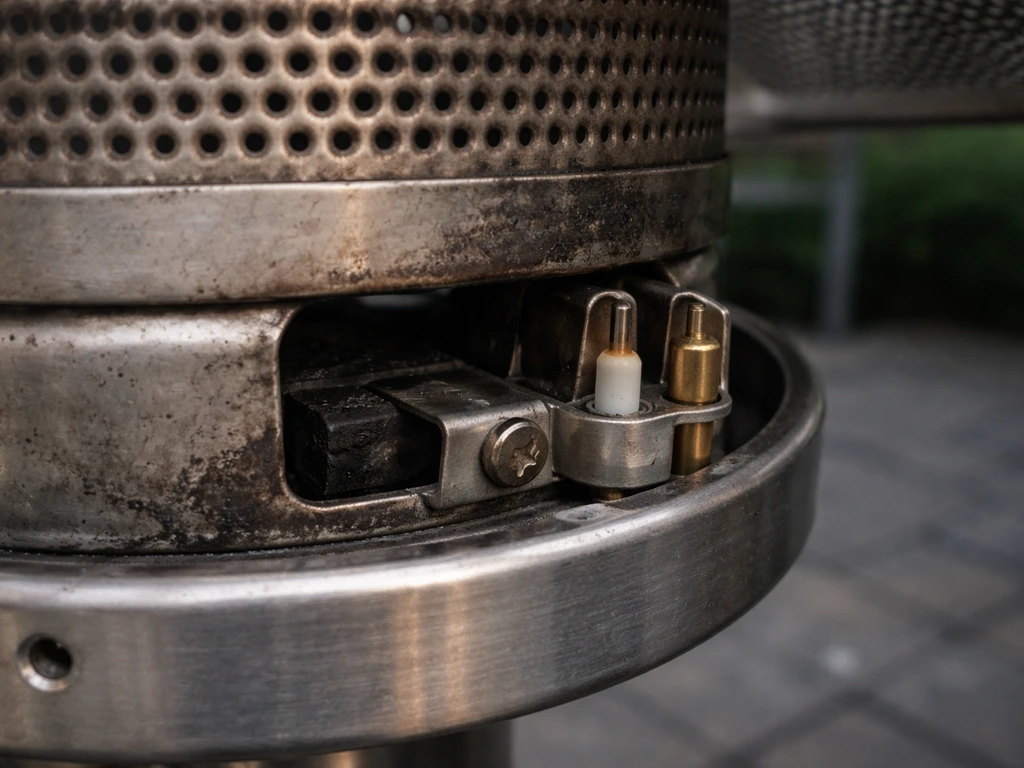Close-up of an outdoor patio heater burner area showing the thermocouple region, no flame present.