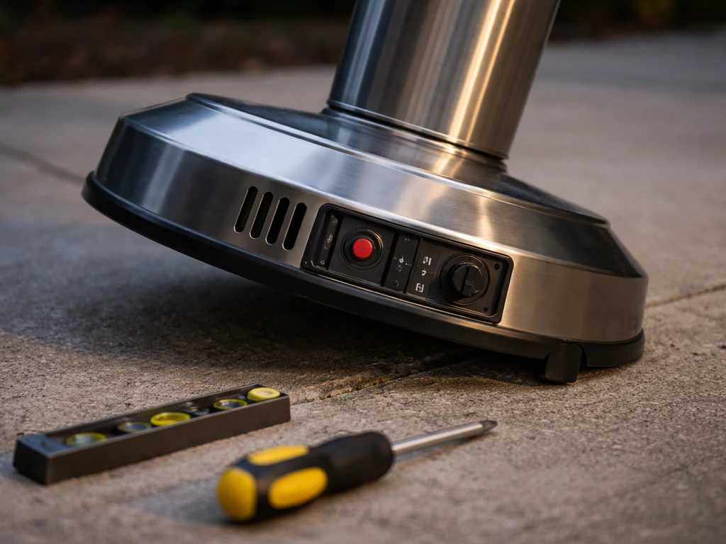 Slightly off-level patio heater base showing the tilt safety shutoff area, no flames, no people.